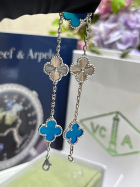 Vca 18K White Gold Diamond gray with turquoise blue 5 Motifs Vintage Alhambra Bracelet with original box and packaging