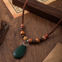 Vintage Ethnic Totem Beads Handmade Wood Beaded Water Drop Pendants Necklace for Women