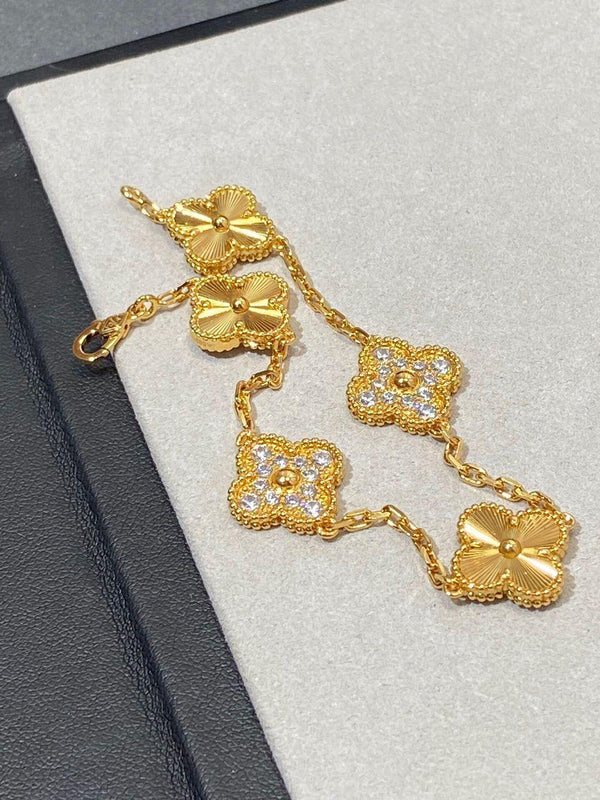 18k Gold VCA Vintage Alhambra 5-Motif Guilloché & Diamond Bracelet – Gold Vermeil Finish