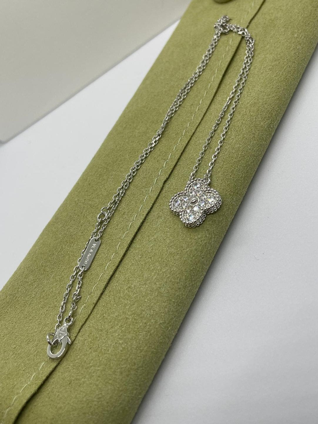 New Vintage Alhambra Diamond Pendant Necklace in 18k White Gold