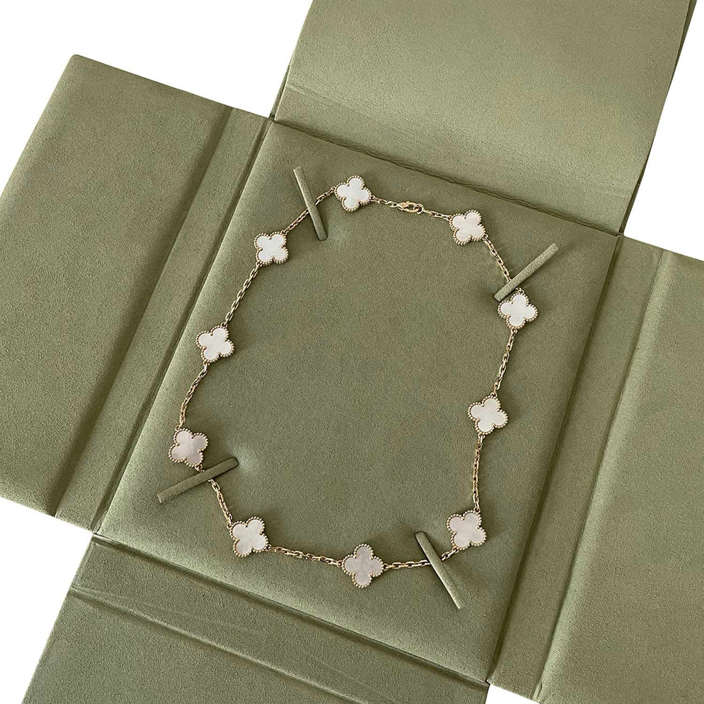 Authentic 18k v Gold Vintage Necklace 10 Motifs Mother of Pearl With Packaging"