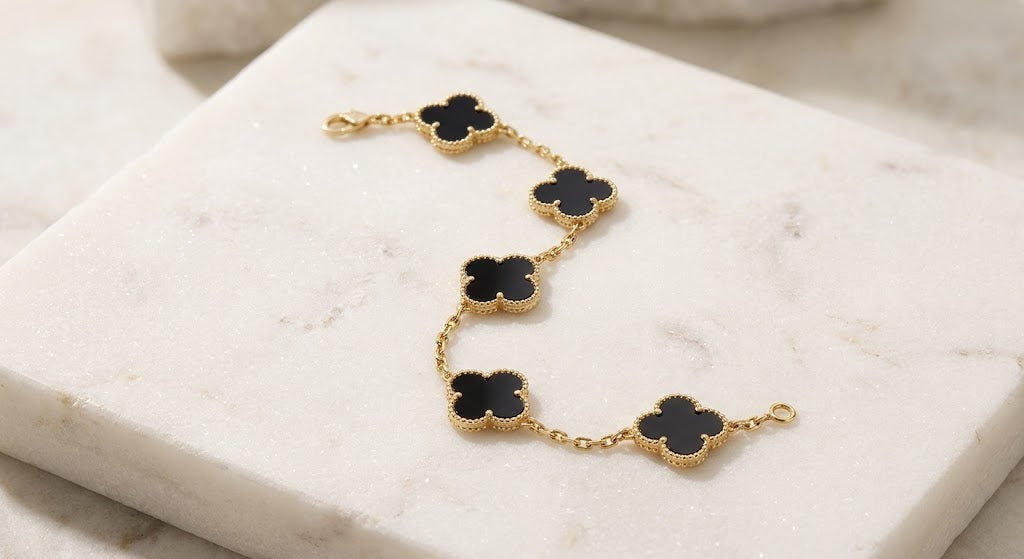 18k Gold 5 Motif Clover Bracelet in Deep Black Onyx & Gold vermeil with original packaging