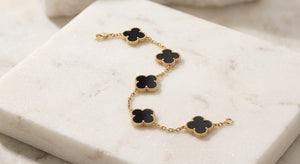 18k Gold 5 Motif Clover Bracelet in Deep Black Onyx & Gold vermeil with original packaging