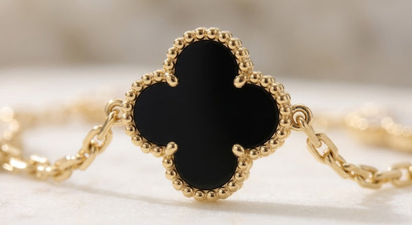 18k Gold 5 Motif Clover Bracelet in Deep Black Onyx & Gold vermeil with original packaging
