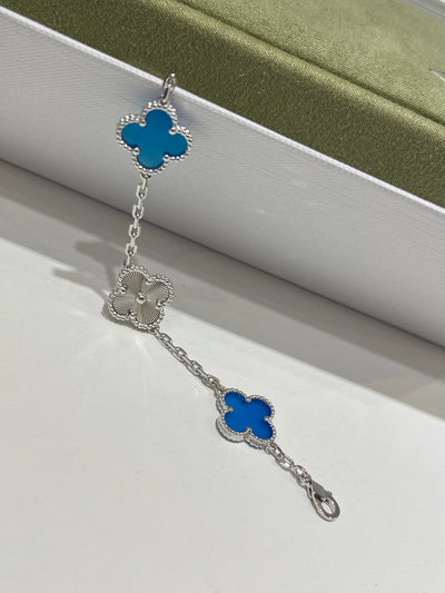 Vca 18K White Gold Diamond gray with turquoise blue 5 Motifs Vintage Alhambra Bracelet with original box and packaging