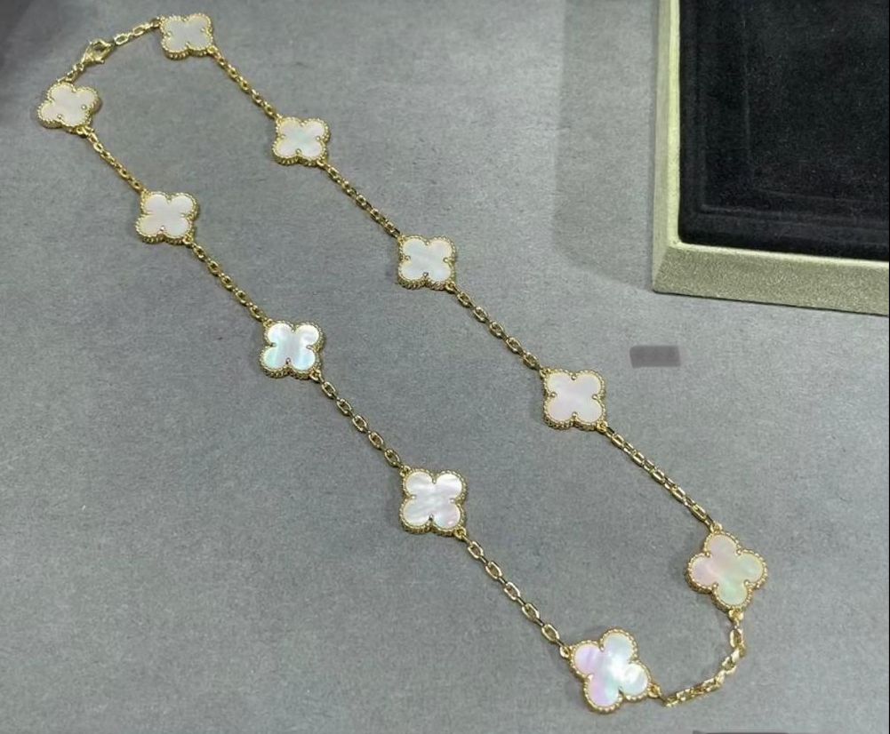 Authentic 18k v Gold Vintage Necklace 10 Motifs Mother of Pearl With Packaging"