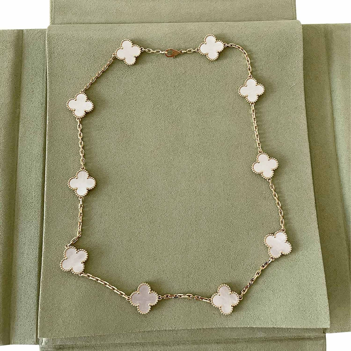 Authentic 18k v Gold Vintage Necklace 10 Motifs Mother of Pearl With Packaging"