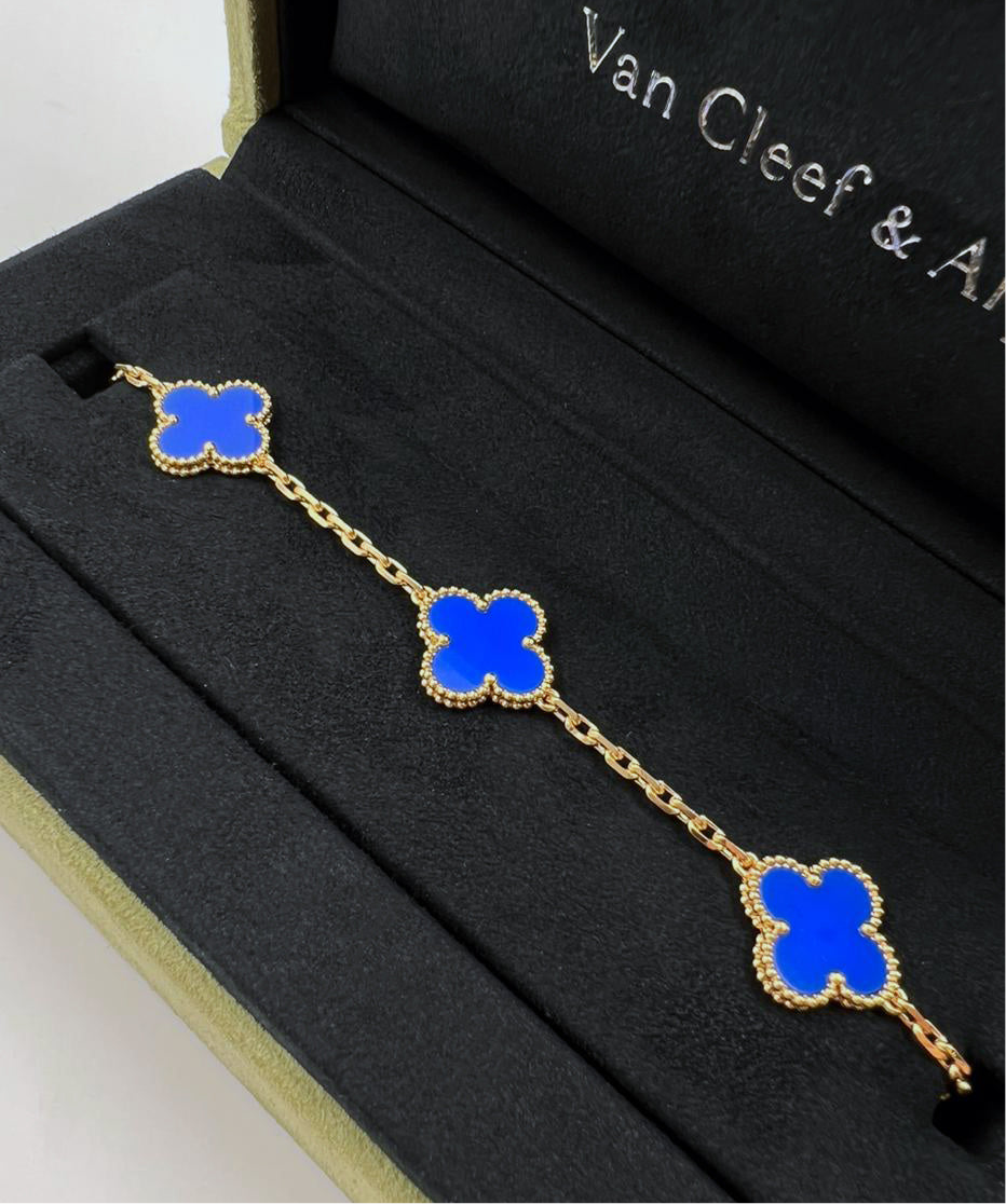 18k Gold Vintage 5 Motif Blue Agate Bracelet With Box