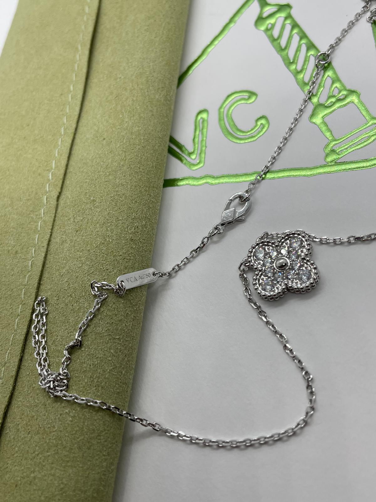 New Vintage Alhambra Diamond Pendant Necklace in 18k White Gold