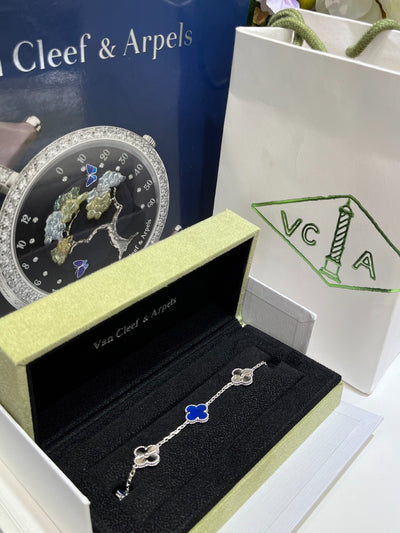 Vca 18K White Gold Diamond gray with turquoise blue 5 Motifs Vintage Alhambra Bracelet with original box and packaging