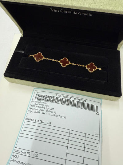 Vca carnelier 5 clovers bracelets red carnelier 18k solid gold vermeil
