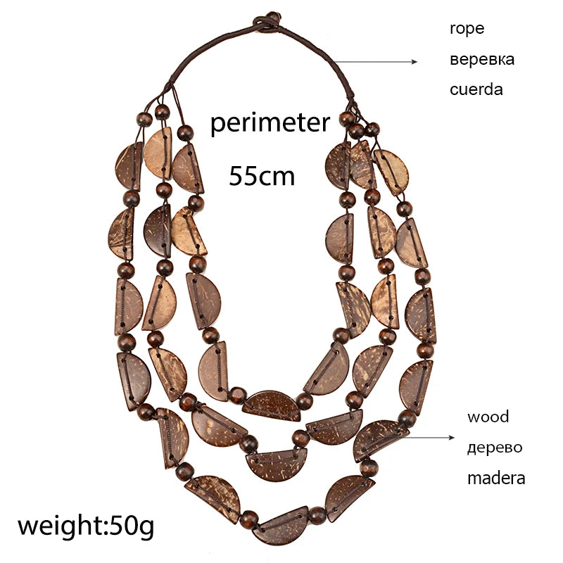 Bohemia Statement Necklace Women Multi Layer Bib Beads Wood Pendant Long Necklace