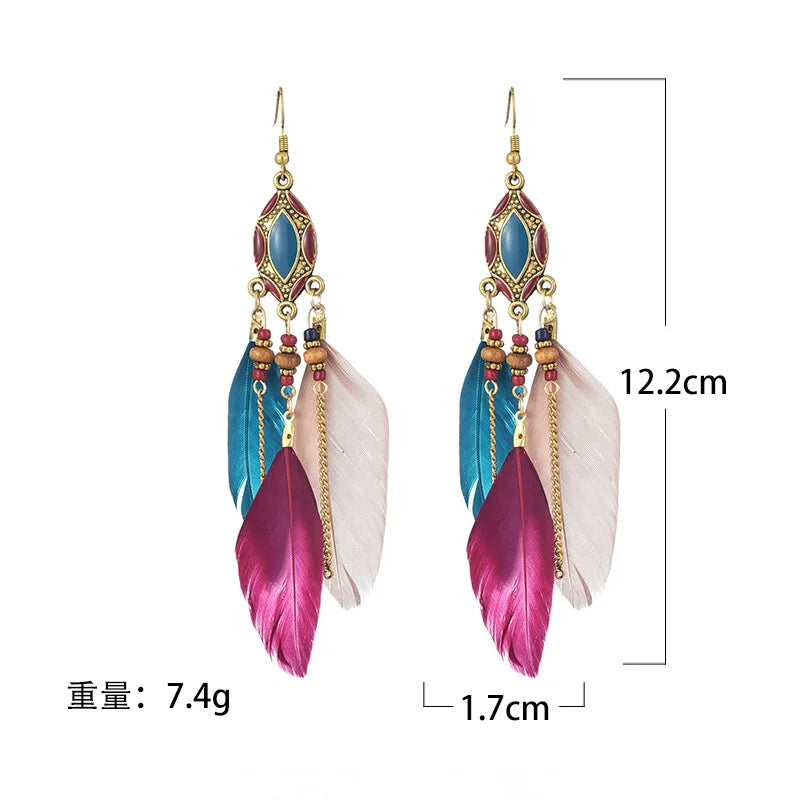 Bohemian Tassel Beads Handmade Ethnic Long Feather Dangle Earrings For Women