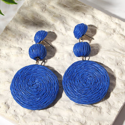 Handmade Geometric Rattan Knit Round Drop Earrings for Women