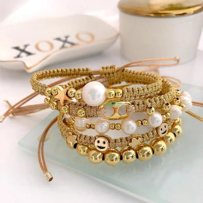 Handmade Braided Natural Pearl Bracelet Smile Face Star Jewelry for Women