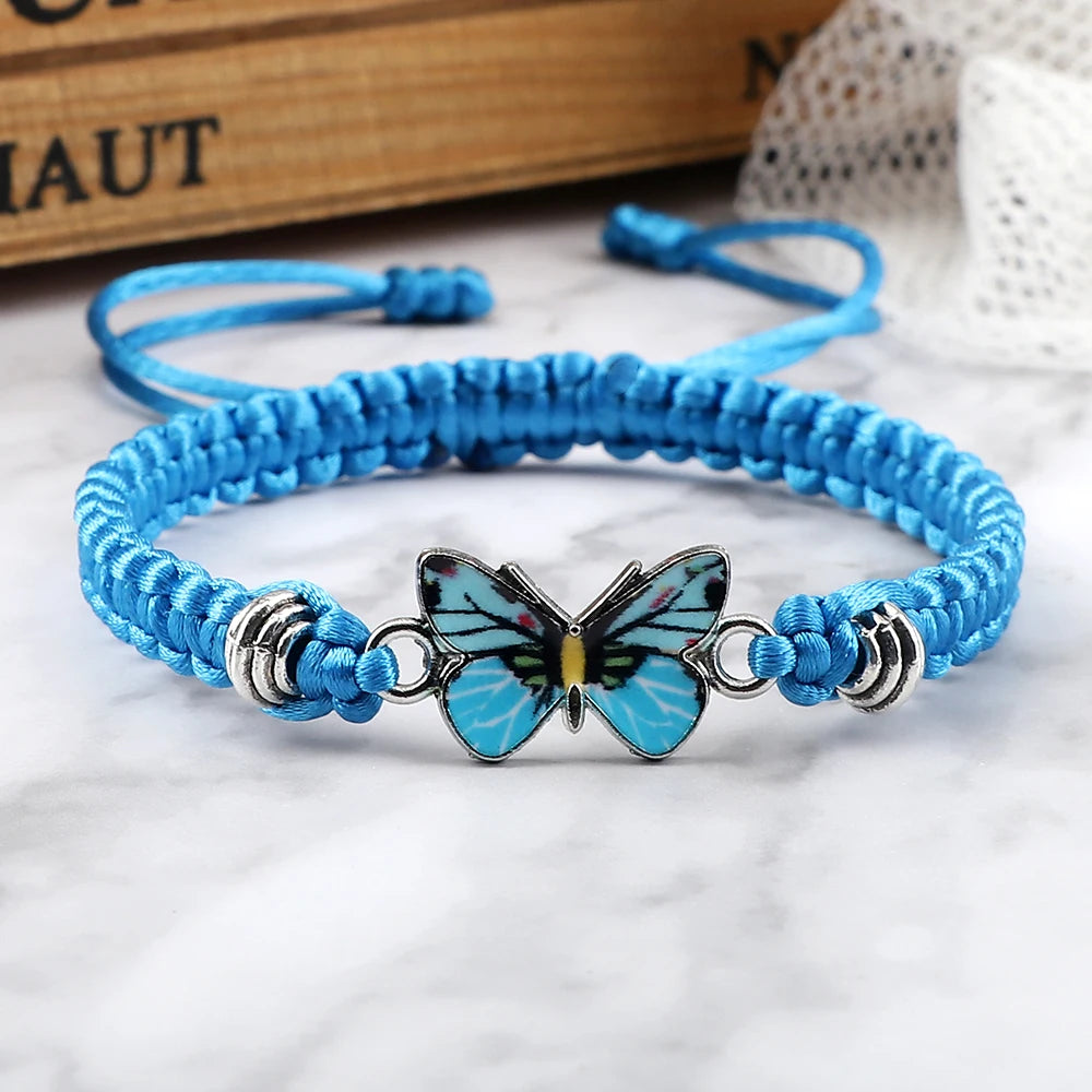 Handmade Braided String Bracelet For Women Blue Butterfly Pendant