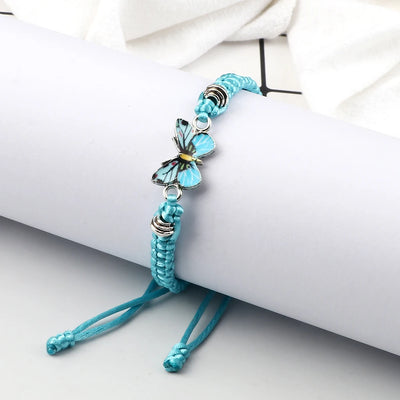 Handmade Braided String Bracelet For Women Blue Butterfly Pendant