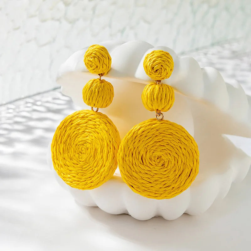 Handmade Geometric Rattan Knit Round Drop Earrings for Women