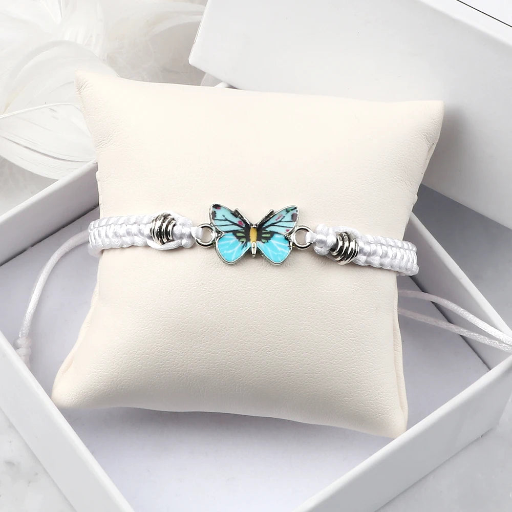 Handmade Braided String Bracelet For Women Blue Butterfly Pendant