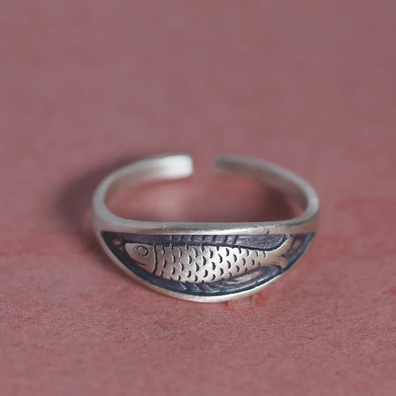 Bohemian Adjustable 925 Sterling Silver Geometric Fish Retro Ring for Women