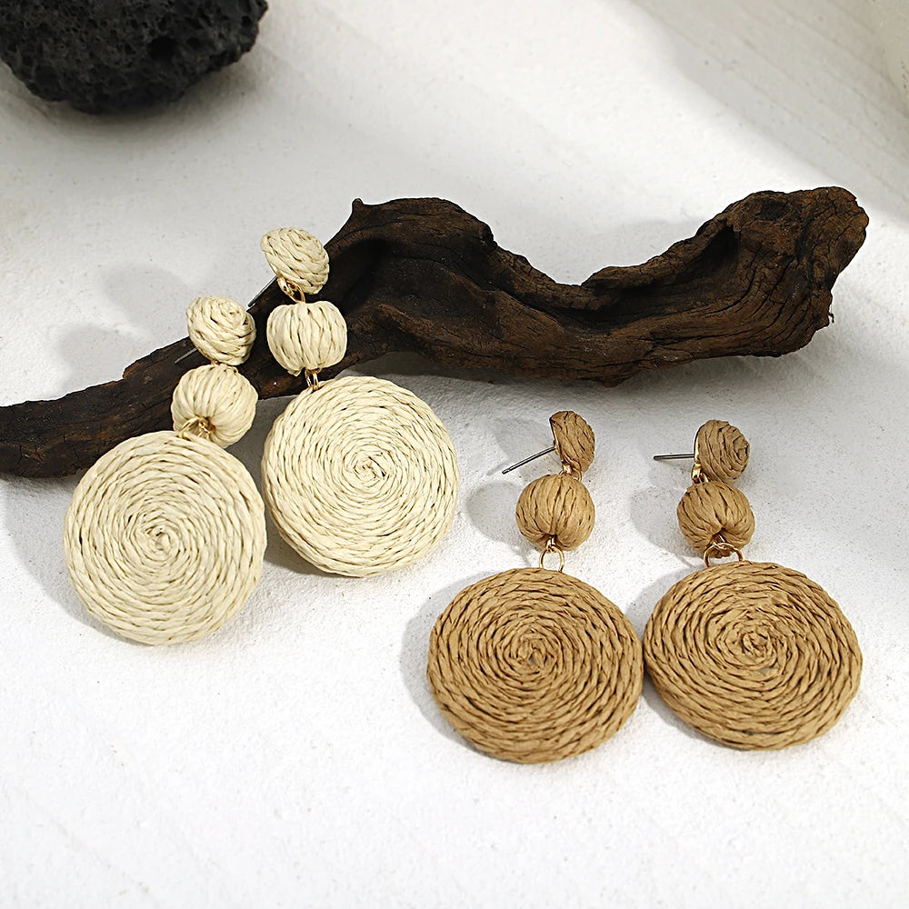 Handmade Geometric Rattan Knit Round Drop Earrings for Women