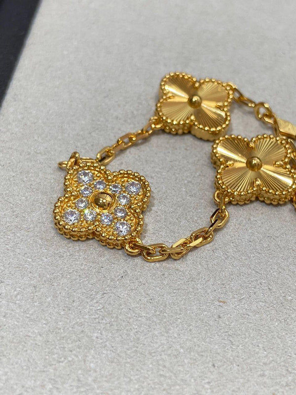 18k Gold VCA Vintage Alhambra 5-Motif Guilloché & Diamond Bracelet – Gold Vermeil Finish