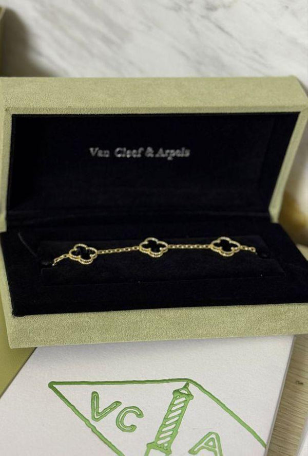 18k Gold 5 Motif Clover Bracelet in Deep Black Onyx & Gold vermeil with original packaging
