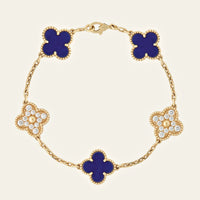18k gold Vintage VCA Vintage Alhambra Bracelet three deep blue lapis lazuli motifs, accented by two diamond-set